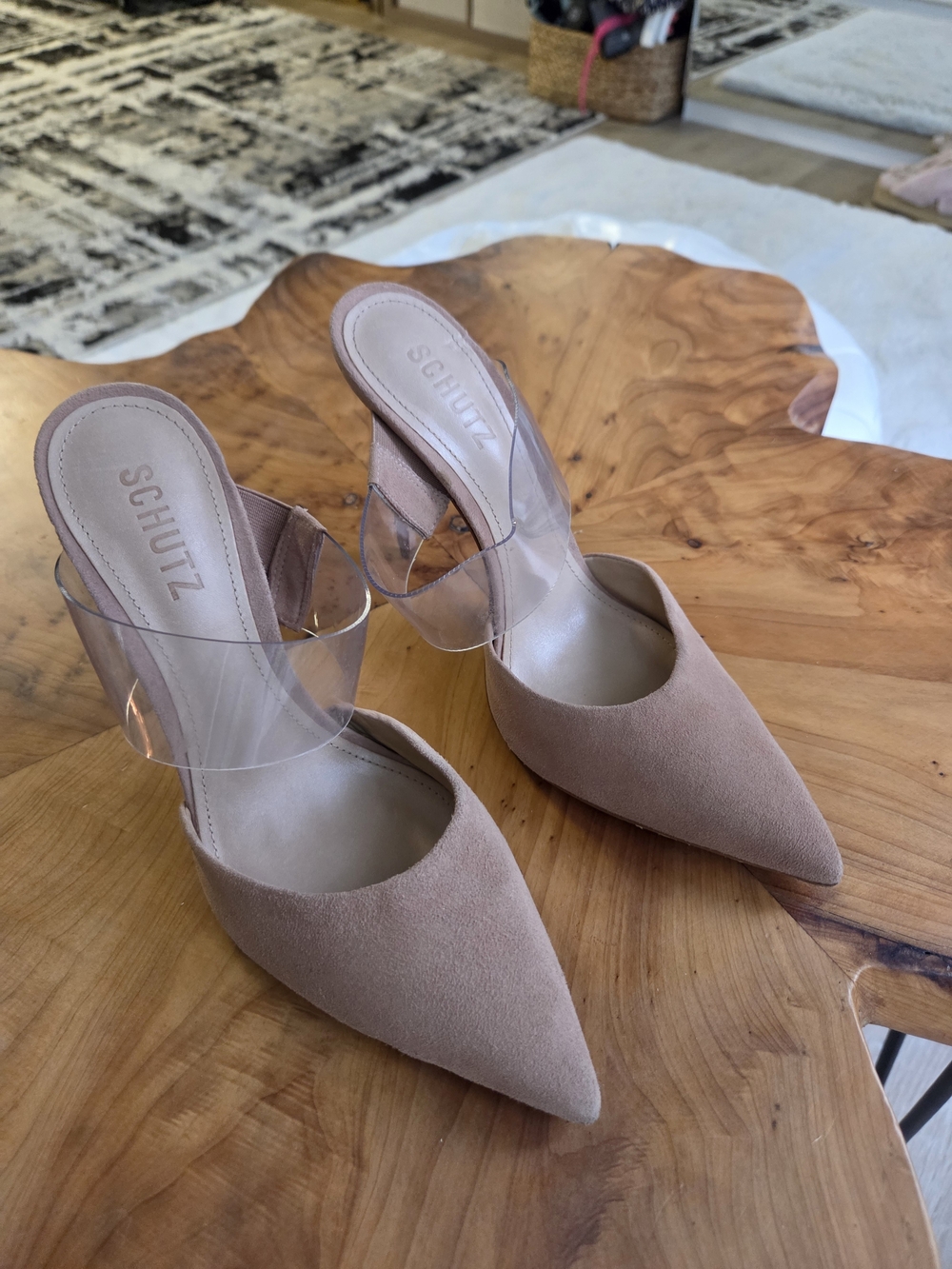 SCHUTZ Blush Pink Suede Pointed-Toe Mules with Clear Strap - Picture 2 of 5